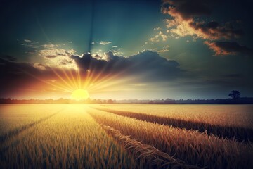 Poster - serene sunset over a golden wheat field with rays of sunlight breaking through the clouds. Generative AI