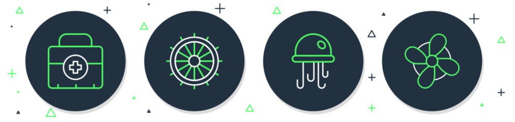 Poster - Set line Ship steering wheel, Jellyfish, First aid kit and Boat propeller icon. Vector