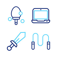 Poster - set line jump rope, sword toy, laptop and racket icon. vector