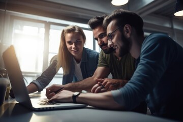 Happy young caucasian colleagues at laptop in casual office, created using generative ai technology