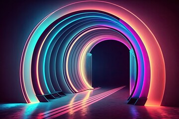 Sticker - futuristic tunnel with vibrant neon lights. Generative AI