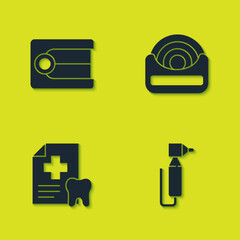 Sticker - Set Dentures model, Tooth drill, Dental card and floss icon. Vector