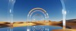 3d render, abstract fantastic desert landscape. Sunny day, clear blue sky, yellow sand dunes and water flat surface, mirror reflection, geometric round glass arches. Minimalist aesthetic wallpaper