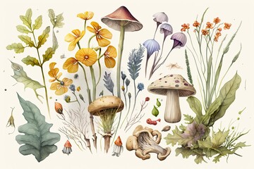 Canvas Print - mushrooms and plants in a natural setting. Generative AI