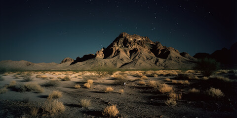 Desert at night, an immense plain at night, a small mountain in the middle. Ai generated. 