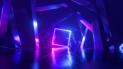 Wall Mural - 3d render, abstract blue pink background with glowing neon square frame. laser geometric linear shap