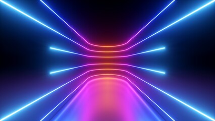 Wall Mural - 3d render. Abstract futuristic neon background. Red pink blue rounded lines, glowing in the dark. Ultraviolet spectrum. Cyber space. Minimalist wallpaper