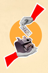 Wall Mural - Vertical collage image of two black white effect arms hold dollar banknote bill cash count teller machine isolated on beige background