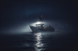 Boat at night on the sea with fog. AI generated.