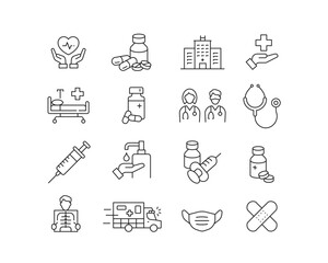 Healthcare Icon collection containing 16 editable stroke icons. Perfect for logos, stats and infographics. Change the thickness of the line in Adobe Illustrator (or any vector capable app).