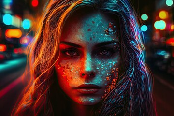 Poster -  womans face painted with colorful neon lights, creating a futuristic and vibrant look. Generative AI