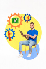 Poster - Vertical collage picture of positive guy sit chair use netbook plasticine checkmark mini people inside cog wheel gear isolated on white background