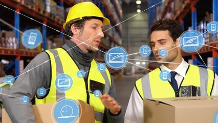 Poster - Animation of network of connections with icons over diverse workers working in warehouse
