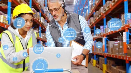 Poster - Animation of network of connections with icons over diverse workers working in warehouse