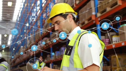 Poster - Animation of network of connections with icons over caucasian male worker working in warehouse