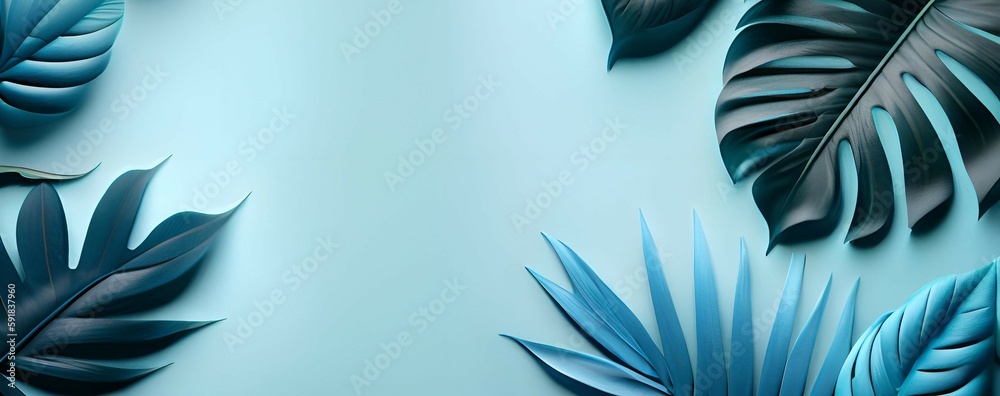 collection of tropical leaves foliage in pastel blue color, pastel blue background with free copy space