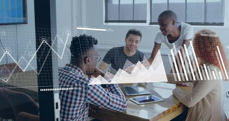 Poster - Animation of multiple graphs over diverse coworkers discussing reports on laptop in office