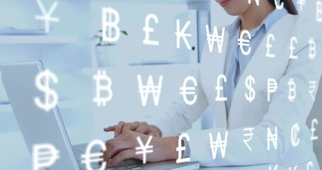Poster - Animation of data processing over asian businesswoman using laptop in office
