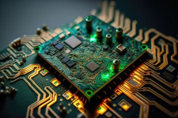 Poster - close-up view of a green-lit circuit board. Generative AI