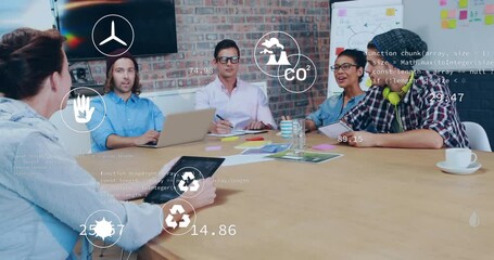 Poster - Animation of eco icons and data processing over diverse business people in office