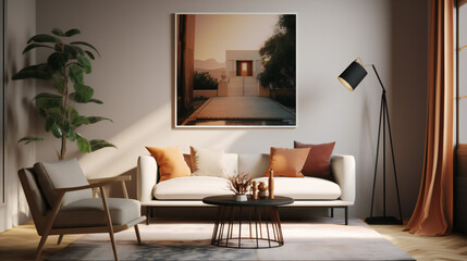 Canvas Print - Stylish Living Room Interior with Mockup Frame Poster, Modern interior design, 3D render, 3D illustration