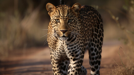 Wall Mural - a beautiful leopard walks towards the camera, in the sunset. wildlife africa. Generative AI