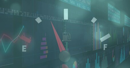 Poster - Animation of speedometer and statistical data processing against spots of light on blue background