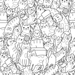 Wall Mural - Funny doodle cats black and white seamless pattern. Cute background with funny feline animals for coloring book. Vector illustration