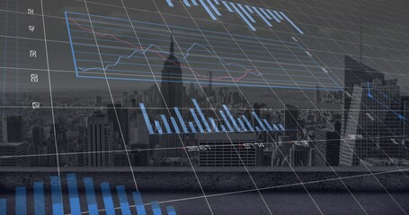 Poster - Animation of statistical data processing over grid network against aerial view of cityscape