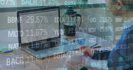 Poster - Animation of financial data processing on caucasian woman drinking coffee and taking notes at office