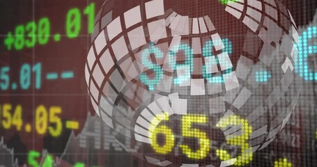 Poster - Animation of 3d sphere spinning over stock market data processing against grey background