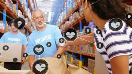 Poster - Animation of network of connections with icons over diverse volunteers working in warehouse