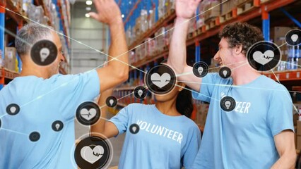 Poster - Animation of network of connections with icons over diverse volunteers working in warehouse