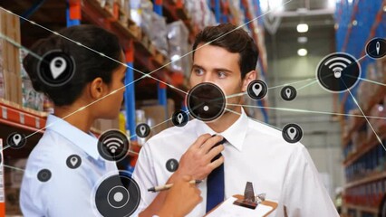 Poster - animation of network of connections with icons over diverse people working in warehouse