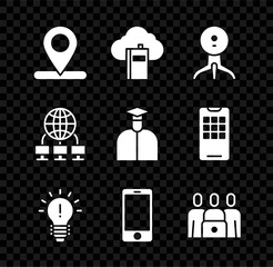 Sticker - Set Location, Cloud or online library, Web camera, Light bulb with concept of idea, Mobile phone, Online class, Computer network and Student icon. Vector