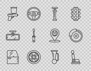 Wall Mural - Set line Car door, seat, , wheel, Paint spray gun, Screwdriver, Signal horn on vehicle and brake disk with caliper icon. Vector