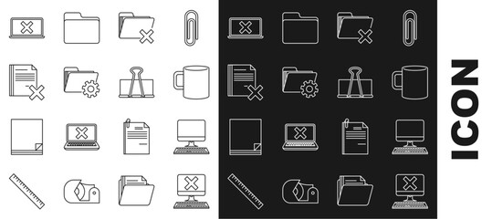 Wall Mural - Set line Computer with keyboard and x mark, monitor, Coffee cup flat, Delete folder, Folder settings gears, file document, Laptop cross screen and Binder clip icon. Vector