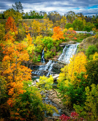 Wall Mural - Vertical shot of a cascade waterfall flowing through dense colorful autumn trees