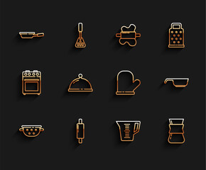 Sticker - Set line Kitchen colander, Rolling pin, Frying pan, Measuring cup, Coffee turk, Covered with tray food, and Oven glove icon. Vector