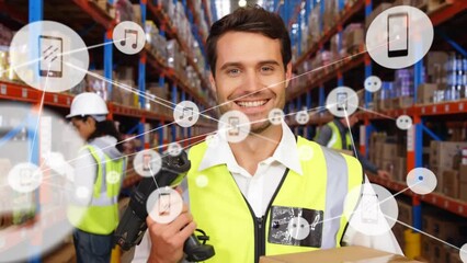 Poster - Animation of network of icons on caucasian male worker holding box and scanning device at warehouse