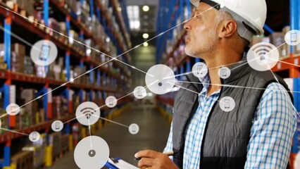 Poster - Animation of network of icons over caucasian male senior supervisor checking stock at warehouse