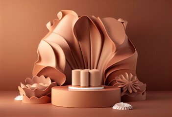 3D background. Brown podium, display mockup. Luxury beige, silk cloth in motion. Beauty, cosmetic product presentation. Feminine template with pedestal. 3d abstract, render. Generative AI