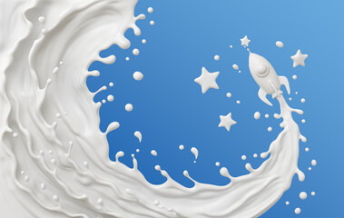 Canvas Print - Splash of milk in form of rocket shape background, with clipping path. 3D illustration.