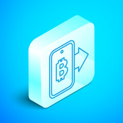 Poster - Isometric line Mining bitcoin from mobile icon isolated on blue background. Cryptocurrency mining, blockchain technology service. Silver square button. Vector