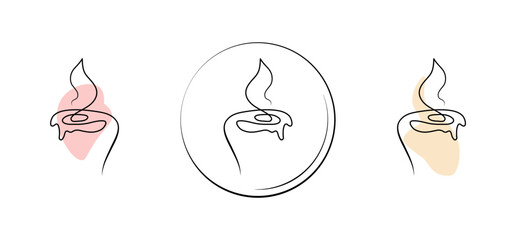 Set of minimalistic continuous line burning candle for the logo in various designs. Candle in one line art style.