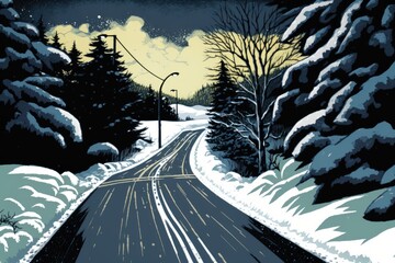 Sticker -  winter landscape with a snowy road, street light, and trees. Generative AI