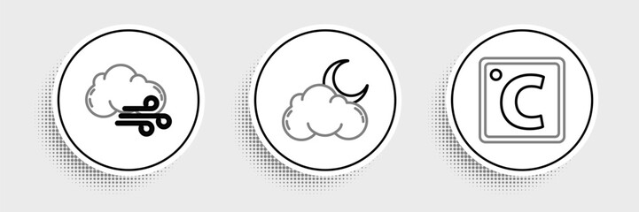 Poster - Set line Celsius, Windy weather and Cloud with moon and stars icon. Vector