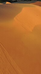 Wall Mural - aerial top view on sand dunes in desert at sunrise. vertical video
