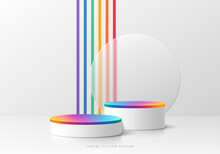 3D LGBTQ  Background With Realistic White, Colorful Cylinder Pedestal Podium. Vertical Stripes Pride Rainbow Color Wall Scene. Minimal Mockup Product Display. Abstract Vector 3D Render. Stage Showcase