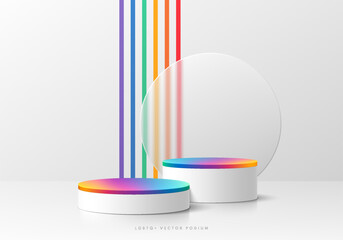 3D LGBTQ+ background with realistic white, colorful cylinder pedestal podium. Vertical stripes pride rainbow color wall scene. Minimal mockup product display. Abstract vector 3D render. Stage showcase